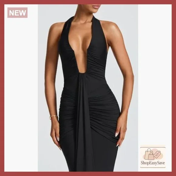 Elegant Ruched Bodycon Maxi Dress Deep V-Neck Halter Backless Formal Gown - Picture 5 of 6